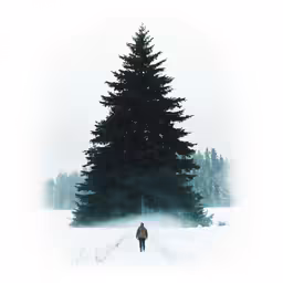 a lone person walks through a snow covered field