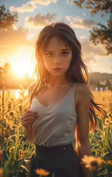 a young woman posing in the middle of a field