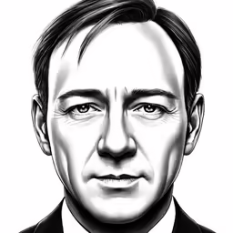 a black and white drawing of a man with a suit