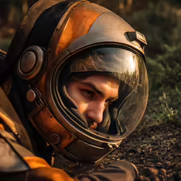 a man wearing a helmet sitting on top of a dirt road
