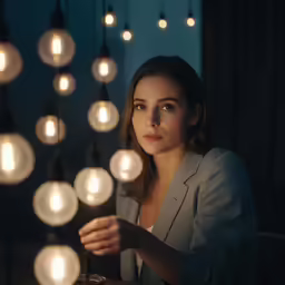 a woman looks off to her left while sitting in front of several glowing orbs