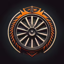 an orange, black and white wallpaper with a large wheel