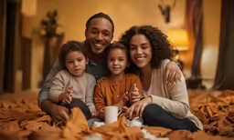 three kids and one adult in orange and tan sit in a bed