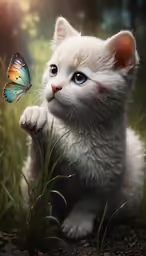 a kitten that is looking at a butterfly