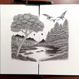 the opened page of an opened journal with a drawing on it,this is an open notebook with birds and trees,a drawing in a notebook of a lake, trees and birds flying over it,this book has drawings of a small lake,an open notebook with drawings of a lake, trees and birds