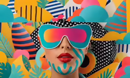 a woman with colorful colored glasses standing next to a wall