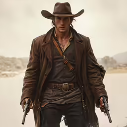 the lone western is holding a revolver, wearing a hat and leather jacket