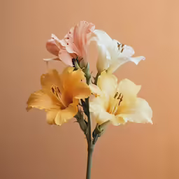 three different colored flowers in a glass vase