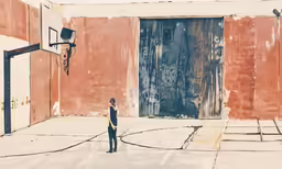 a young boy is standing outside near a basketball hoop