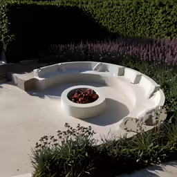 a circular concrete fire pit surrounded by plants