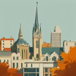 an illustration shows a view of an old city