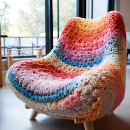 a colorful, granny crocheted chair sitting in a living room