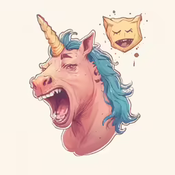 a unicorn with blue hair and a cat is on top of a white background