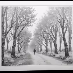 a person walking through an empty road in the middle of trees