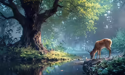 the deer is grazing next to the water