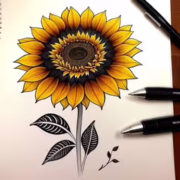 drawing of a sunflower with three different pens,a yellow and black flower drawn on paper