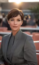 the woman is looking in the camera outside