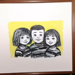an art print with two kids with one kid looking at the camera