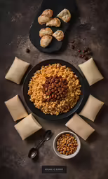 a plate of rice is surrounded by nuts and bread