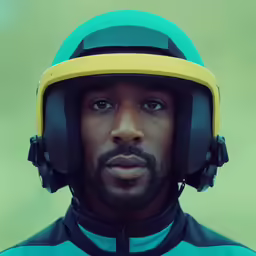 the man in the helmet has many facial expressions