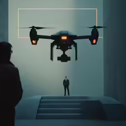 man in suit staring at a large object