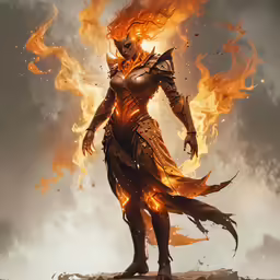 a warrior in armor is engulfed in flames