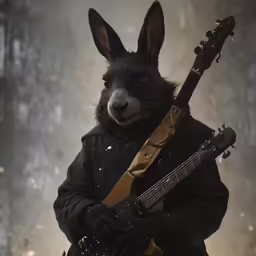 a black kangaroo wearing a suit and holding a guitar