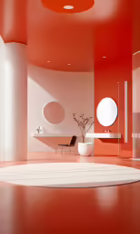 an orange room with red flooring and circular mirrors