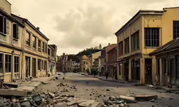 an empty street is covered in debris from being demolished
