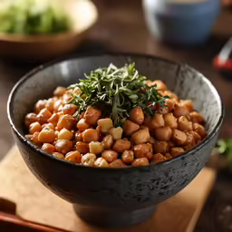 some beans with greens in a bowl on a table