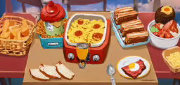 this painting shows breakfast items on the table,a painting of various foods laid out on a table