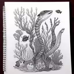 a sketch of an sea life scene with various things