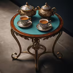 a table topped with three tea pots and cups