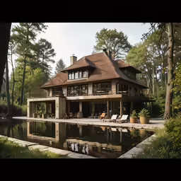 an architectural house overlooking a pond and trees