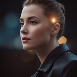 a beautiful woman with ear lights shining on her face