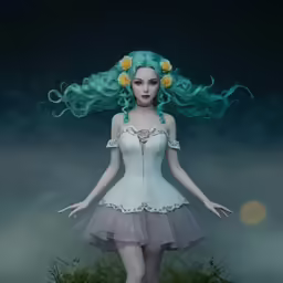 a girl with long, wavy hair wearing a white dress