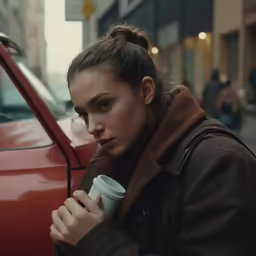 a woman is leaning against a car drinking out of a coffee cup
