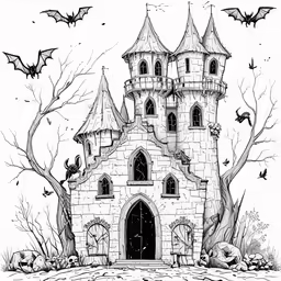 a drawing with bats around the castle