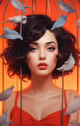 a young woman in red holding a birdcage