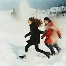 a couple running through the snow towards each other