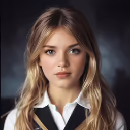 a young woman with blonde hair and wearing a black and white uniform