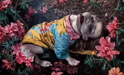 a young child lies in some pretty flowers