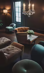 an elegant living room with green velvet sofa and swivel chairs