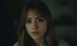 young woman in grey shirt staring straight ahead