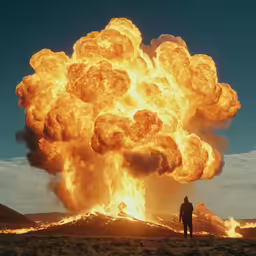 man looking at large explosion of lava with yellow flames
