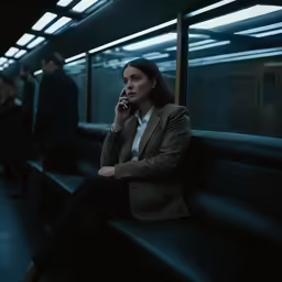 a woman in a brown jacket on a cell phone
