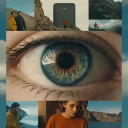 collage of pictures with one irised eye and a computer, another in the background