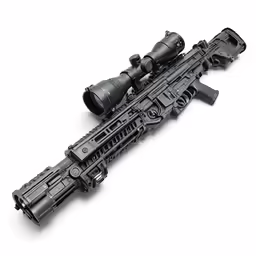 a toy rifle sitting on top of a white surface