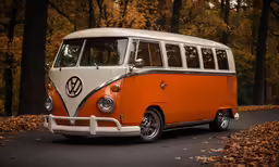 an orange and white volkswagen bus driving on a road