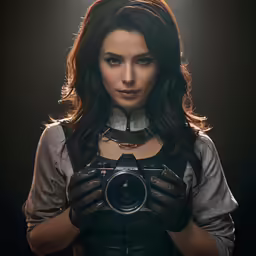 a woman is holding a camera posing for the camera